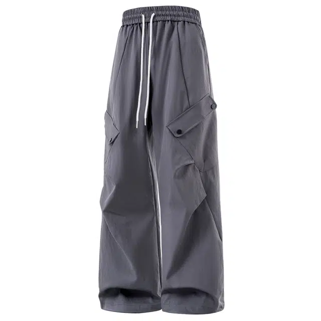 沐诚阳译 美式高街纯色褶皱机能伞兵裤大口袋百搭直筒可束脚休闲宽松抽绳简约工装裤 男女同款