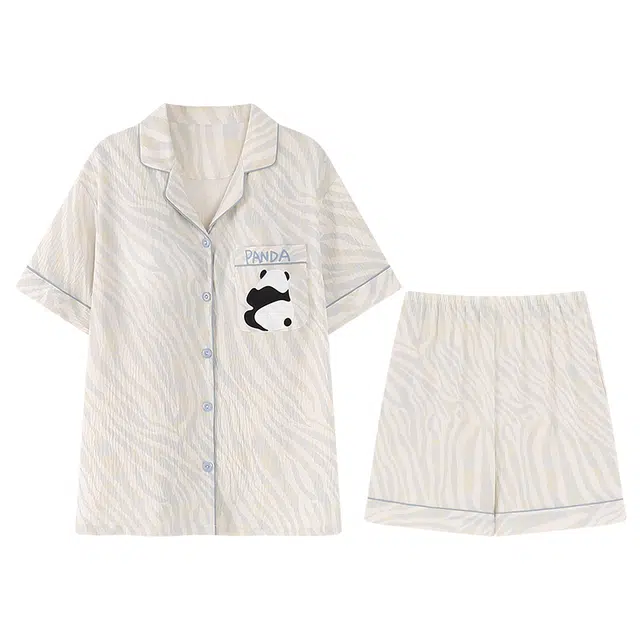 向薇 熊猫短袖薄款带胸垫防凸点家居服可外穿睡衣套装 女款 图片色