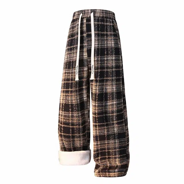 吾皇猫 美式复古格子慵懒风松弛垂感拖地直筒宽松加绒加厚保暖阔腿百搭格纹呢子休闲裤 男女同款