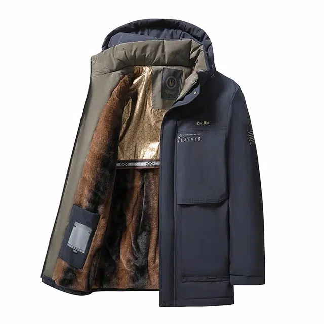 金盾 连帽加绒加厚防风保暖中长款休闲棉服 男款