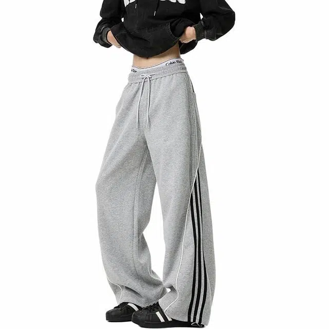 物质公式 重工质感美式高街复古经典三条杠设计纯色基础款无性别主义学院风宽松百搭阔腿垂感拖地休闲裤 男女同款