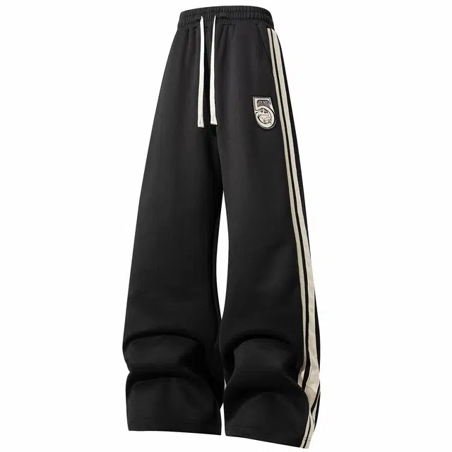 蜡笔小新 侧边条纹趣味卡通小新徽标字母印花系带宽松直筒休闲裤 男女同款