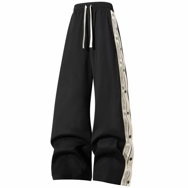 蜡笔小新 侧边条纹全开排扣卡通小新字母印花宽松针织直筒休闲裤 男女同款