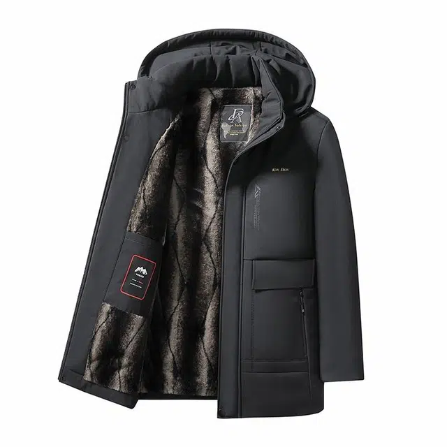 金盾 加绒加厚连帽拉链防风保暖中长款棉服 男款 深灰色