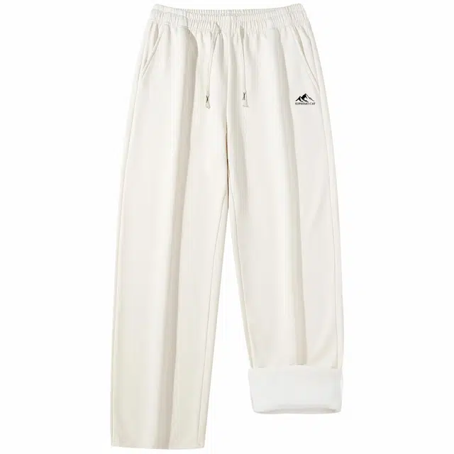 吾皇猫 学院风日系纯色简约百搭加绒加厚保暖性强长裤宽松直筒中腰系带裤子无性别穿搭舒适透气休闲针织运动裤 男女同款