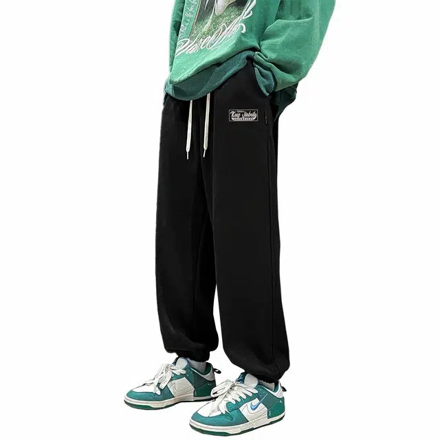 金贝勒 美式高街复古学院风加绒加厚束脚系带中腰长裤无性别主义宽松休闲时尚百搭保暖舒适针织运动裤 男女同款