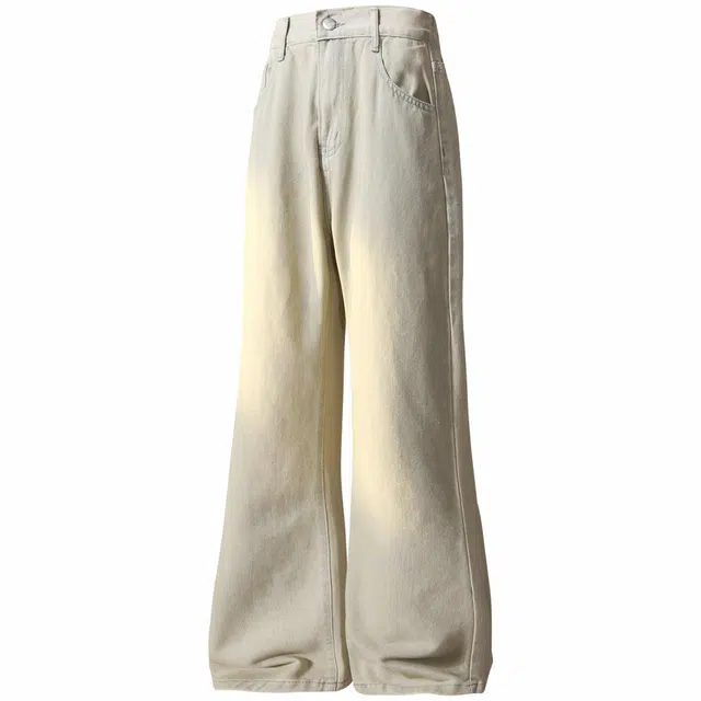 吾皇猫 高街美式复古废土风高级感窄版设计基础款百搭水洗做旧宽松显高垂感长裤子纯色休闲无性别穿搭黄泥染微喇弯刀牛仔裤 男女同款