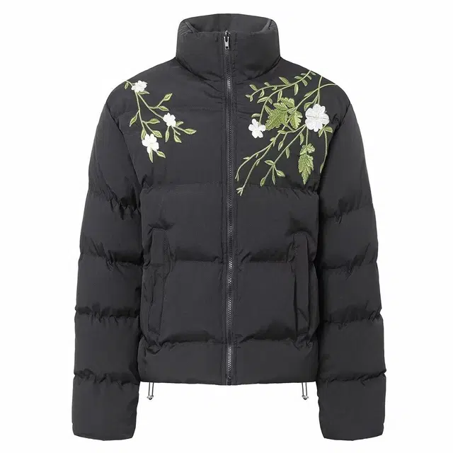 极限涡轮 美式街头刺绣加厚立领舒适保暖面包服宽松时尚休闲植物花卉长袖棉服 男女同款