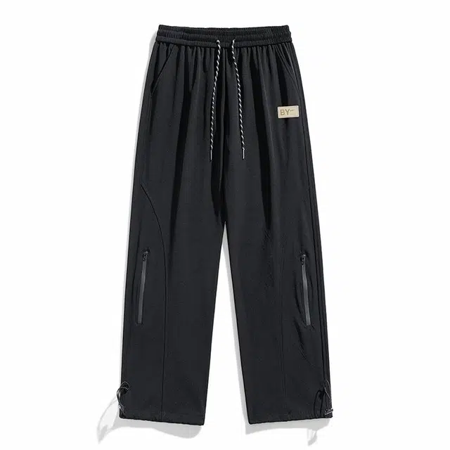 海底小纵队 美式高街户外运动纯色中腰系带多拉链中腰舒适防水工装裤 男女同款 黑色