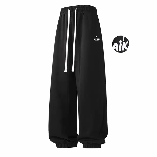 爱肯 美式复古高街字母刺绣工艺宽松运动卫裤针织垂感透气显瘦纯色百搭系带束脚休闲裤 男女同款