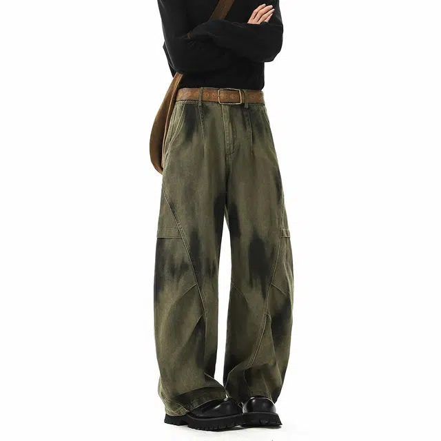 物质公式 美式复古潮牌扎染做旧风拼接解构款高级感宽松百搭直筒长裤舒适阔腿个性小众时尚潮流工装脏脏弯刀休闲裤 男女同款