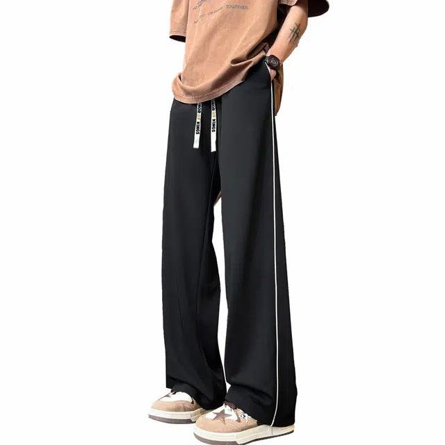 王者荣耀 美式复古弹力纯色简约运动舒适百搭长裤显高直筒垂感超薄宽松休闲裤 男女同款 黑色