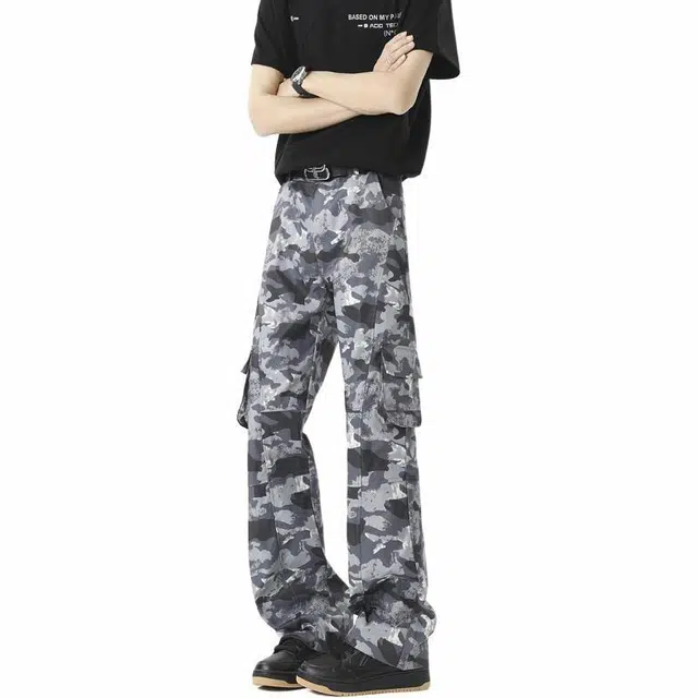黑马漫画 高街直筒弹力修身微喇休闲美式复古迷彩工装裤 男女同款