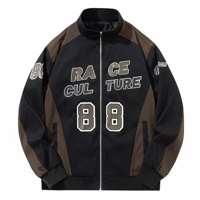 纳趣 美式复古街头痞帅时尚休闲字母数字立领宽松夹克外套 男女同款 黑色