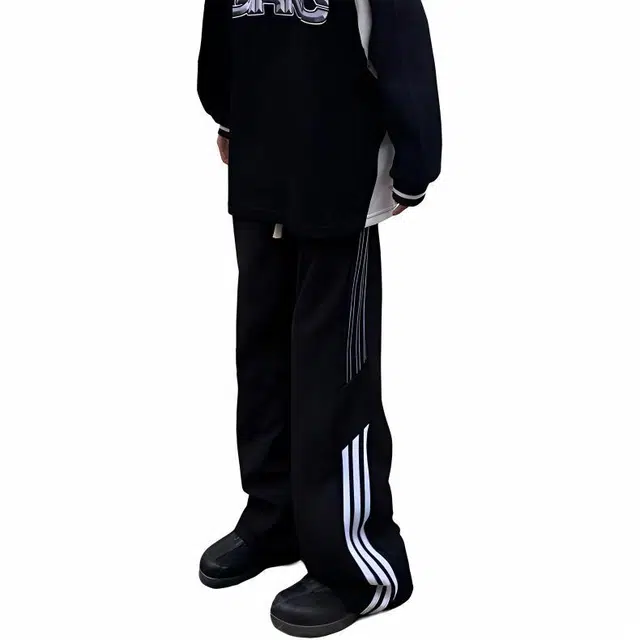 物质公式 美式高街嘻哈轻薄透气斜切拼接三条杠撞色系带简约舒适垂坠感阔腿宽松纯色通风百搭速干凉感通勤运动直筒休闲裤 男女同款 黑色