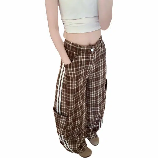 物质公式 美式复古高街慵懒风侧边条纹格子口袋装饰直筒宽松百搭运动通勤松弛感休闲裤 男女同款 咖色