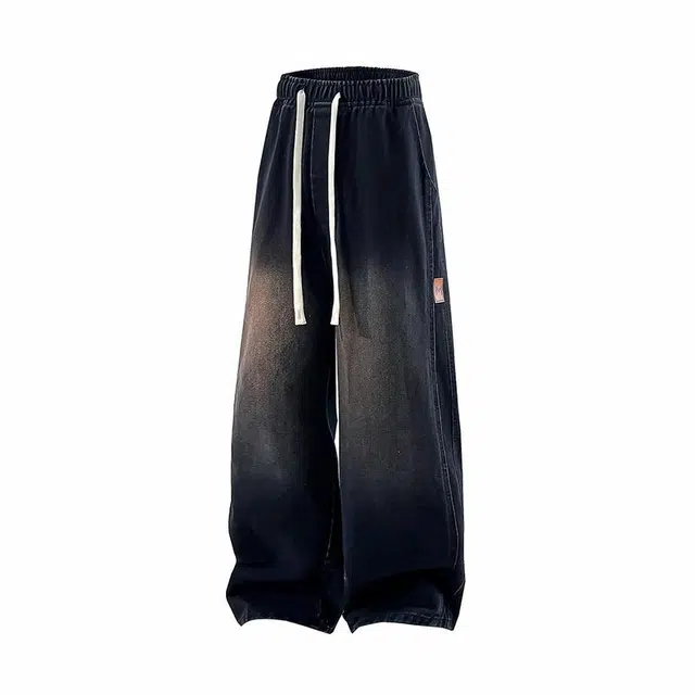 物质公式 美式复古基础款抽绳松紧直筒阔腿高街水洗做旧宽松休闲百搭时尚牛仔裤 男女同款