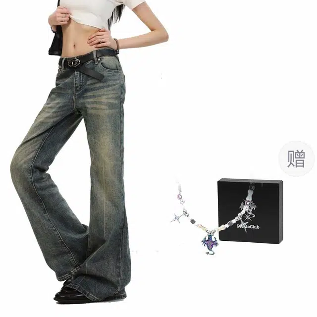 梁拌泡菜 美式水洗修身高腰做旧微喇牛仔裤 男女同款 复古蓝