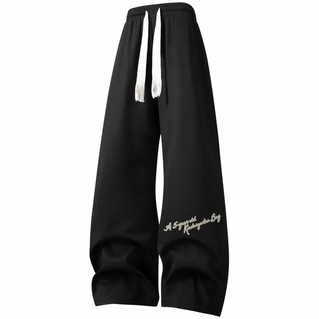 蜡笔小新 卡通小新字母印花垂感宽松拖地直筒针织休闲裤 男女同款