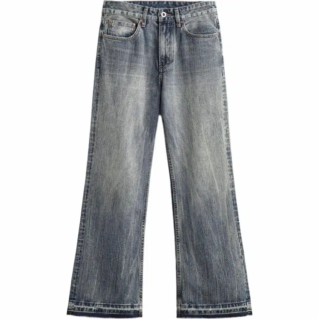 木林森 美式高街个性水洗竹节纹百搭宽松耐刮耐磨休闲阔腿直筒牛仔裤 男女同款 复古蓝