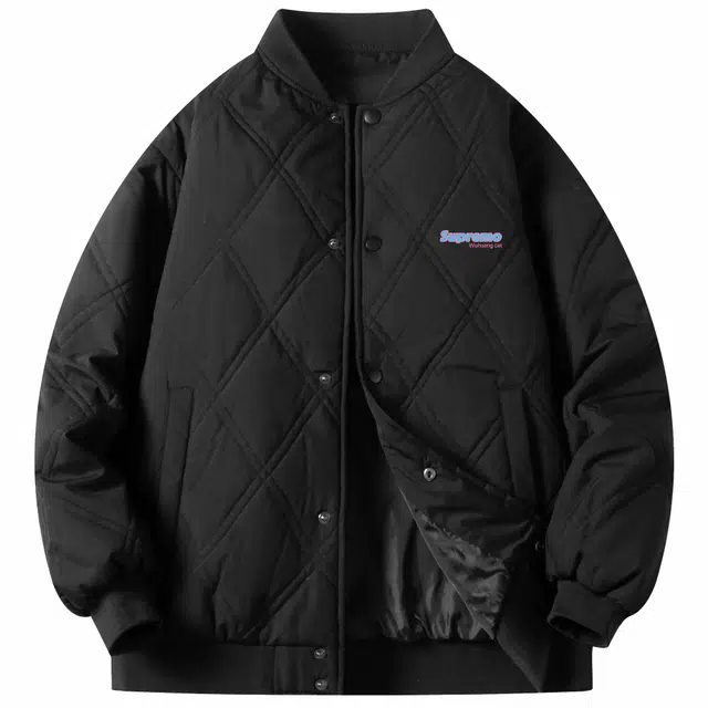 吾皇猫 美式菱形格子卡通动漫简约纯色宽松休闲飞行员舒适棒球领单排扣百搭加绒加厚保暖棉服 男女同款