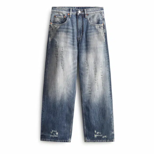 木林森 做旧水洗手工磨破磨洞设计宽松直筒牛仔裤 男女同款 脏蓝色