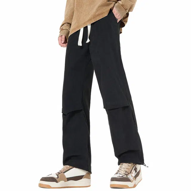 帕丁顿熊 纯色宽松抽绳美式伞兵褶皱垂感百搭拖地灯芯绒直筒束脚休闲裤 男女同款