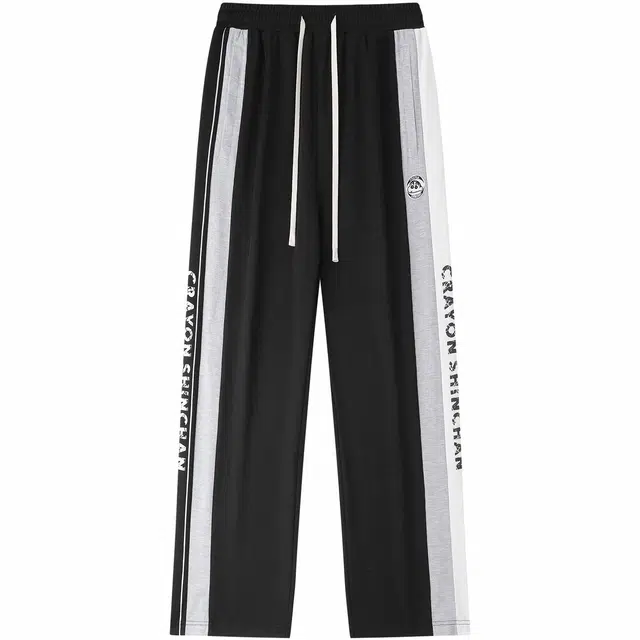 蜡笔小新 侧边撞色条纹品牌字母印花宽松系带直筒休闲裤 男女同款 黑色