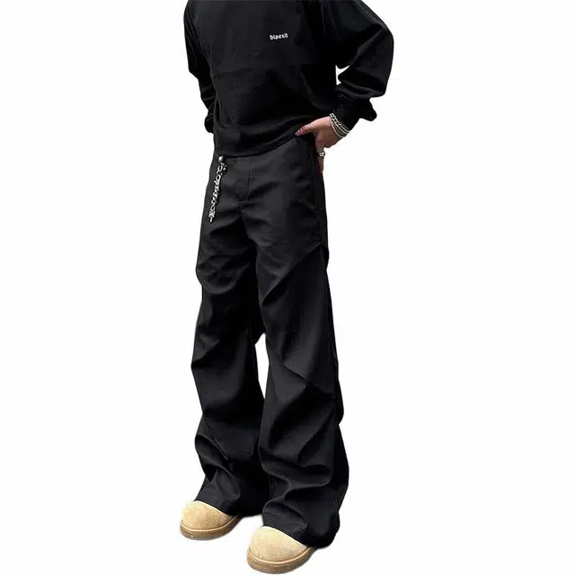 黑马漫画 美式复古工装褶皱垂感时尚百搭休闲裤 男女同款 黑色