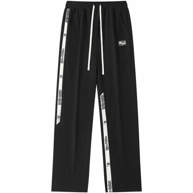 蜡笔小新 针织错位拼接条纹字母印花抽绳宽松直筒休闲裤 男女同款 黑色