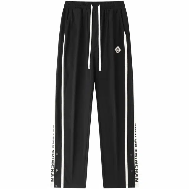 蜡笔小新 侧边裤脚排扣撞色条纹字母印花系带宽松直筒休闲裤 男女同款 黑色