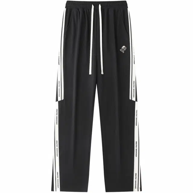 蜡笔小新 侧边错位撞色斜纹品牌字母印花宽松系带直筒休闲裤 男女同款