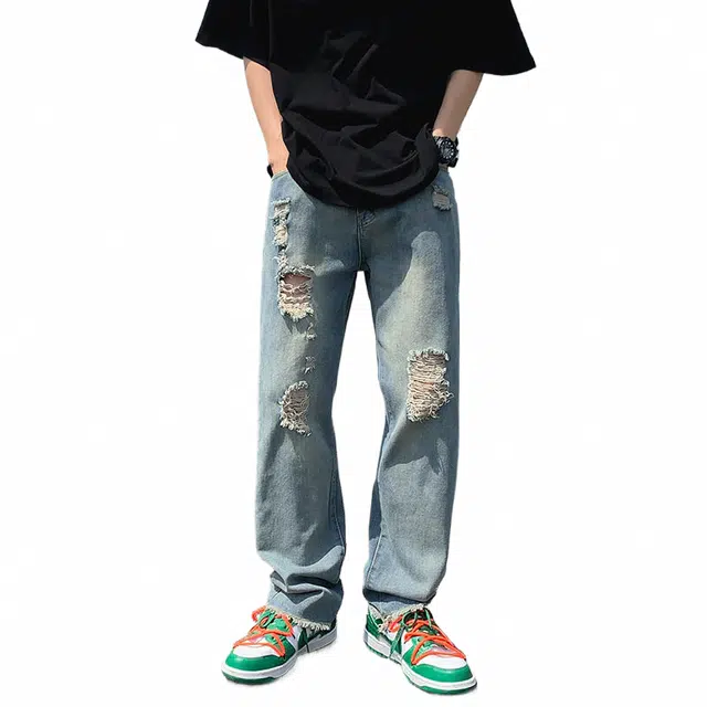 玉儿恋 破洞宽松百搭直筒阔腿毛边牛仔裤 男款 蓝色