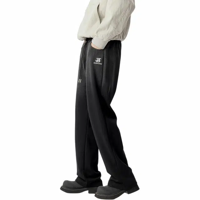 敦煌博物馆 刺绣字母金属系扣长裤  喷马骝水洗做旧 复古高街微喇针织休闲裤 男女同款