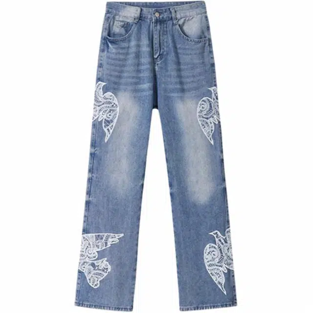 极限涡轮 蕾丝和平鸽刺绣设计感美式高街嘻哈宽松牛仔裤 男女同款 蓝色