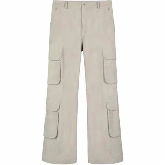 极限涡轮 大理石暗纹多口袋阔腿微喇设计感美式潮牌复古宽松长裤炮弹裤工装休闲裤 男女同款 杏色