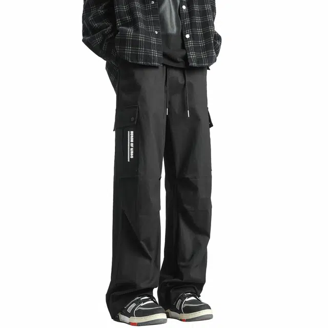 王者荣耀 美式复古高街反光银潮流百搭口袋长裤垂感运动直筒超薄宽松工装裤 男女同款