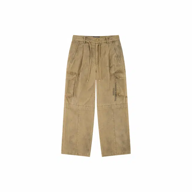 华人青年 水洗做旧泼墨工装多口袋休闲裤 男女同款 卡其色