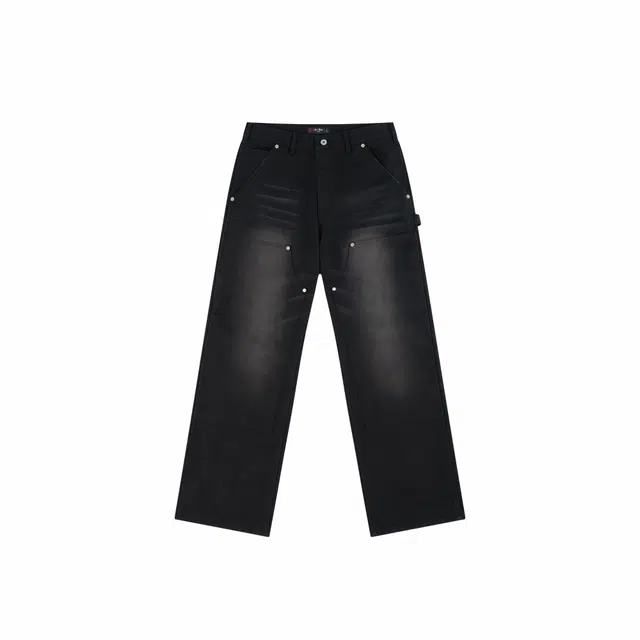 华人青年 水洗猫须伐木裤纯棉复古休闲裤 男女同款 黑色