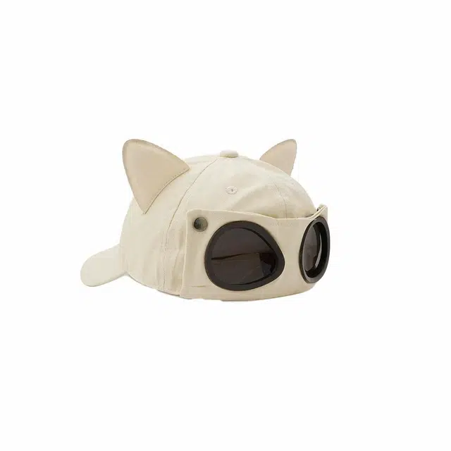 艾佳微 飞行员眼镜猫耳朵可爱搞怪棒球帽 大头围显脸小潮流百搭正反可戴 棉 鸭舌帽 男女同款情侣款 米白 黑色 军绿色