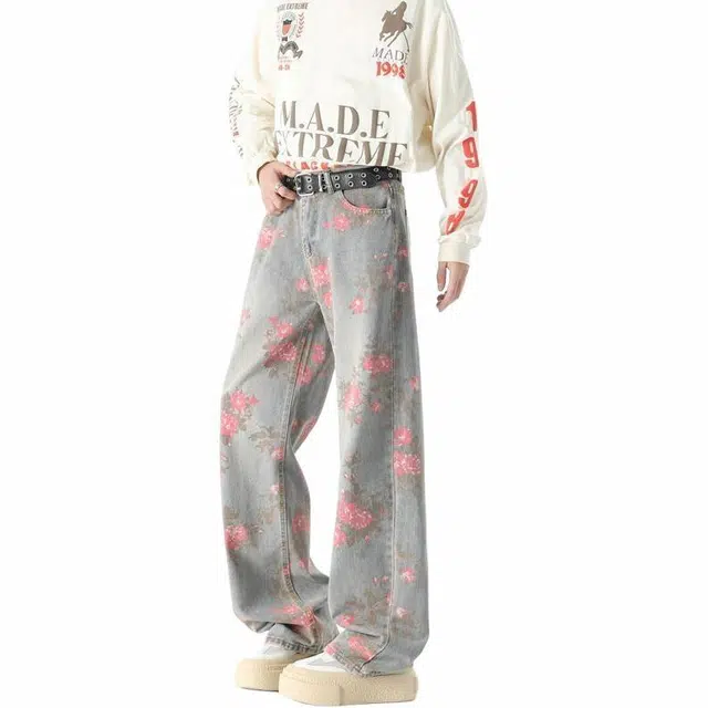 宝米卡 小众设计复古花卉数码印花美式高街水洗做旧宽松休闲直筒牛仔裤 男女同款 蓝色