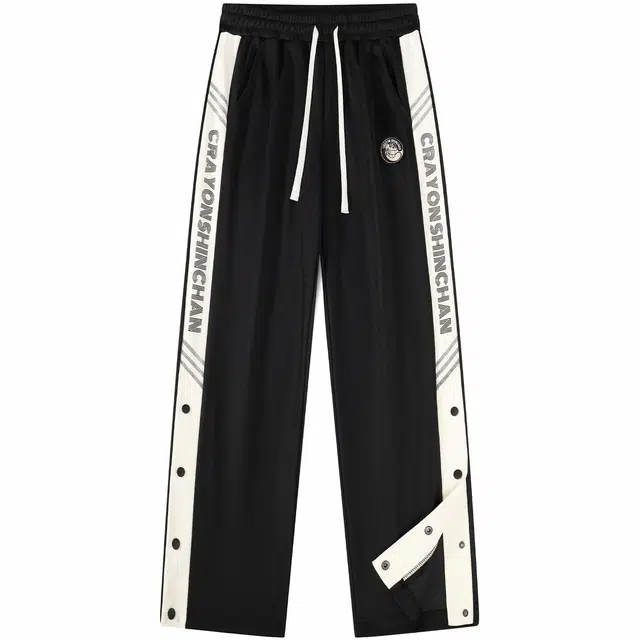 蜡笔小新 侧开裤脚排扣拼接条纹字母印花宽松直筒休闲裤 男女同款