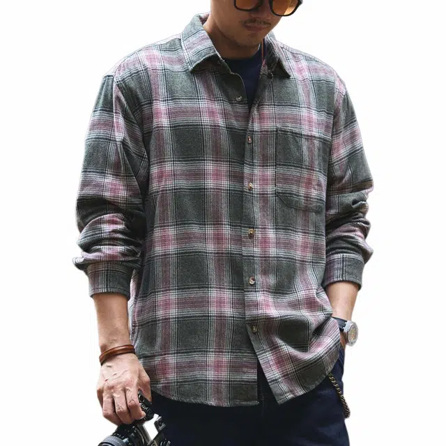 格蓝鹿 美式潮牌复古格子长袖衬衫 男款