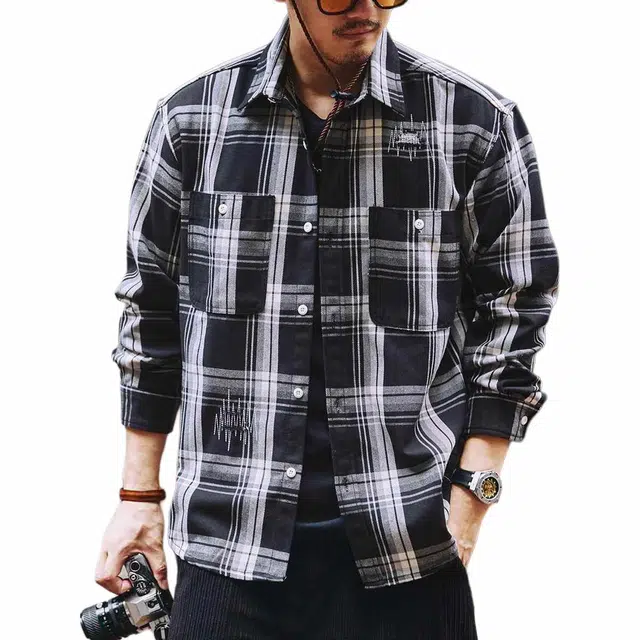 格蓝鹿 宽松翻领纯色休闲长袖衬衫 男款