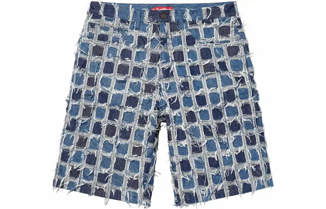 Supreme SS23 WEEK16 FRAYED PATCHWORK BAGGY DENIM SHORT logo