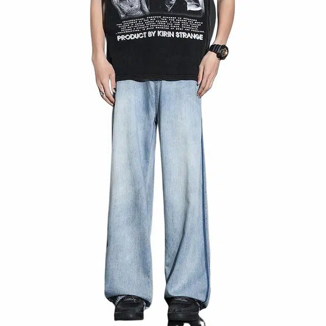 宝米卡 薄款宽松直筒美式复古牛仔裤 男女同款 浅蓝