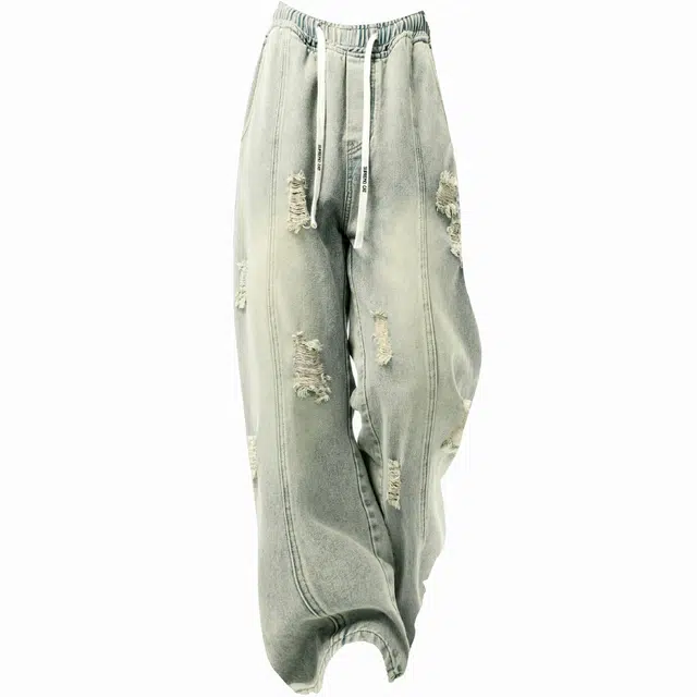 吾皇猫 美式复古基础款简约百搭长裤水洗做旧割破破洞乞丐裤子宽松直筒休闲牛仔裤 男女同款