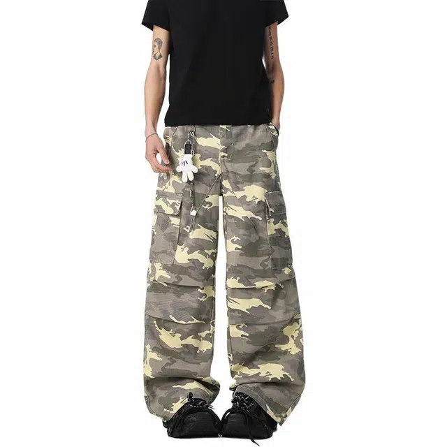 宝米卡 美式复古宽松直筒休闲拖地工装裤 男女同款 迷彩色