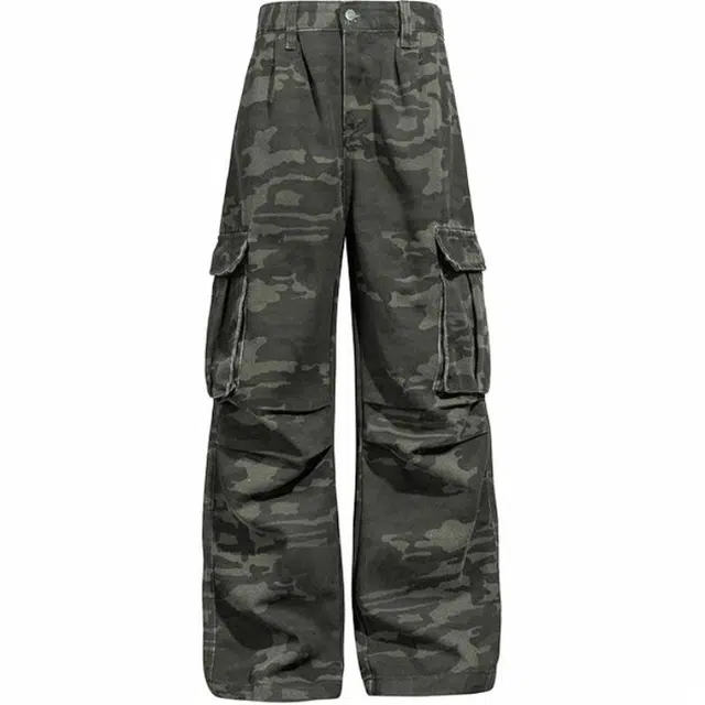 沃马 美式高街拼接弯刀水洗做旧设计中腰通勤复古重工牛仔工装裤 男女同款 迷彩