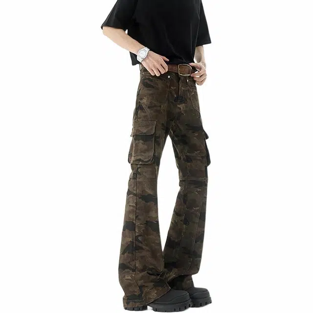 沃马 美式高街拼接弯刀高级感阔腿拖地窄版设计中腰通勤垂感复古工装裤 男女同款 迷彩色
